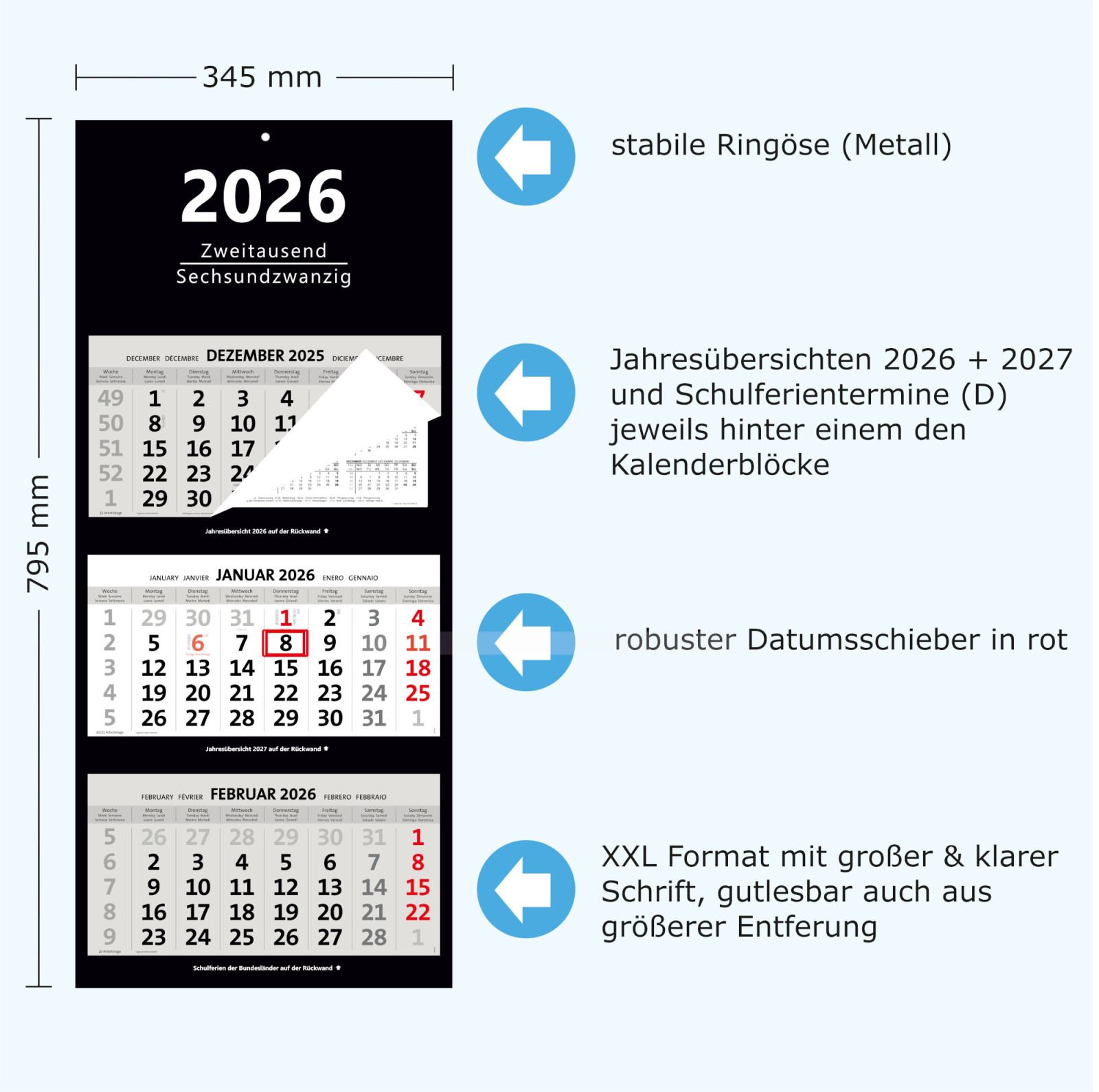 XXL 3-Monatskalender schwarz 2026