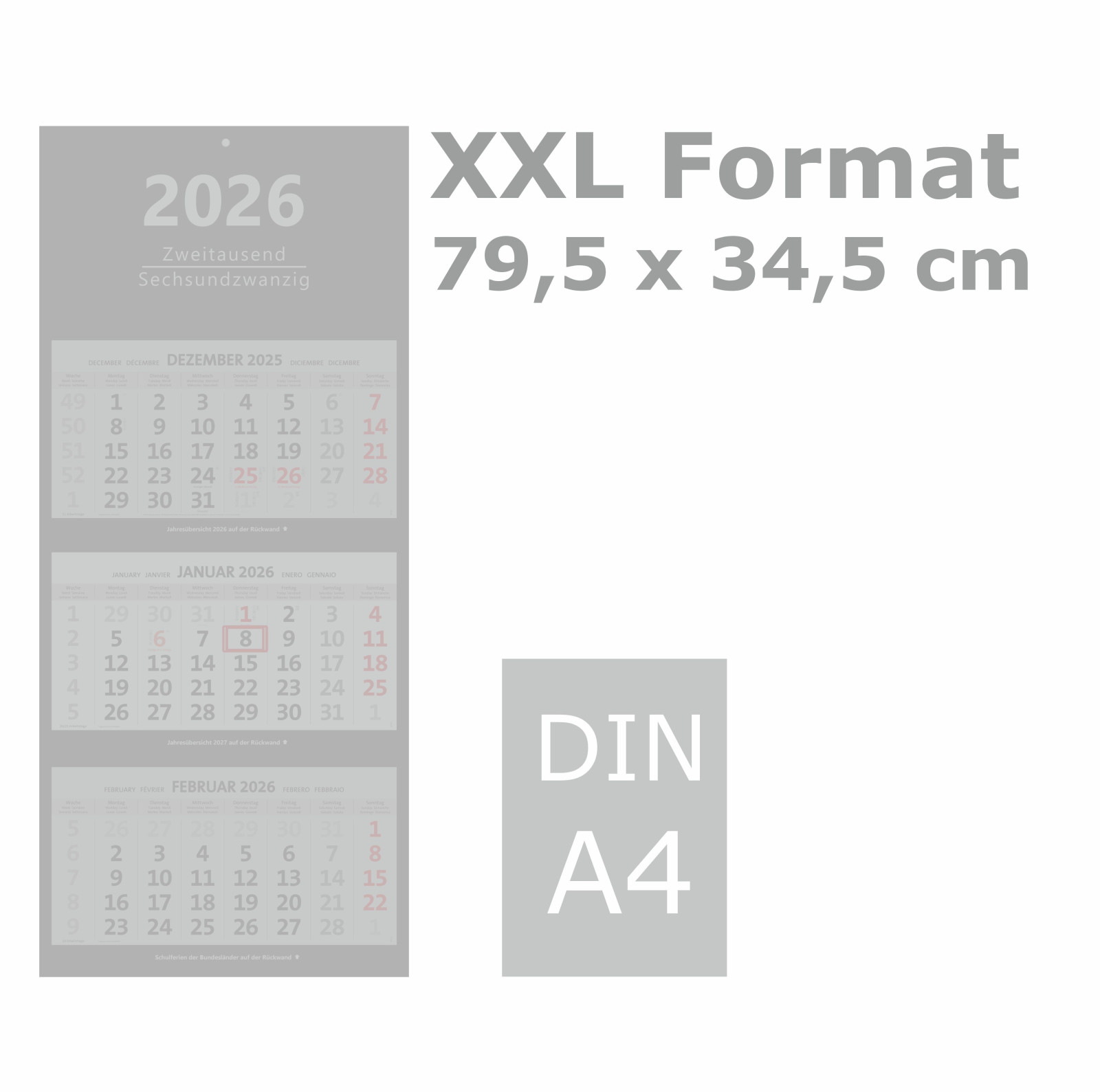 XXL 3-Monatskalender 2026 im Formatsvergleich
