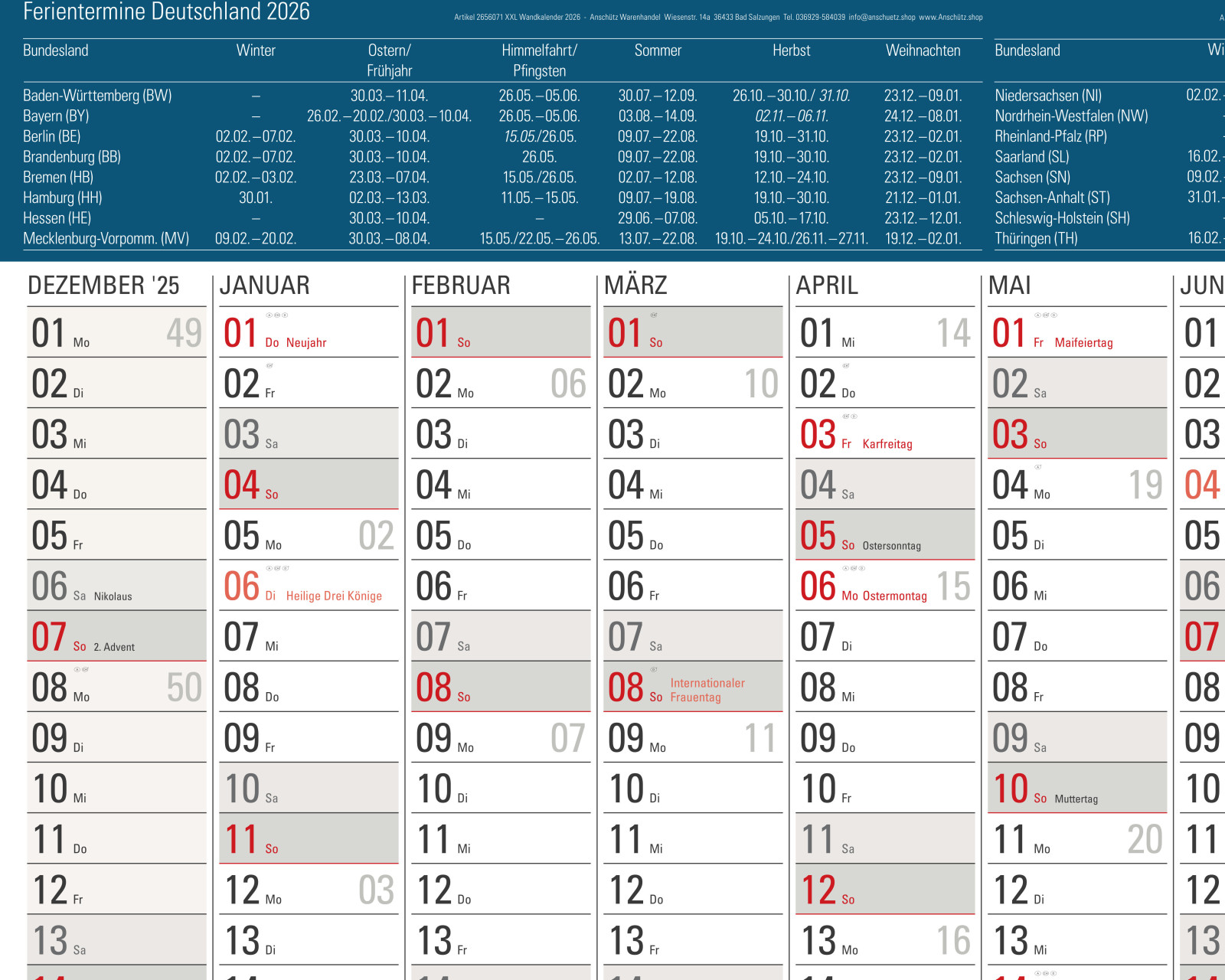 XXL Jahresplaner 2026 Plakatkalender 96x68cm mit Ferienterminen