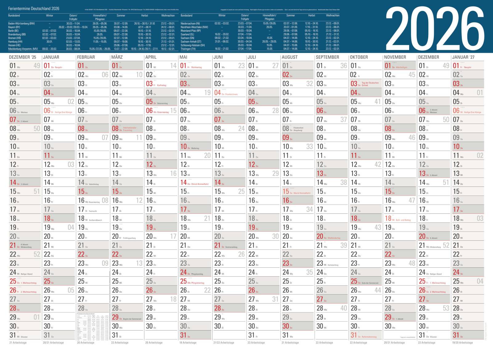 XXL Jahresplaner 2026 Plakatkalender 96x68cm