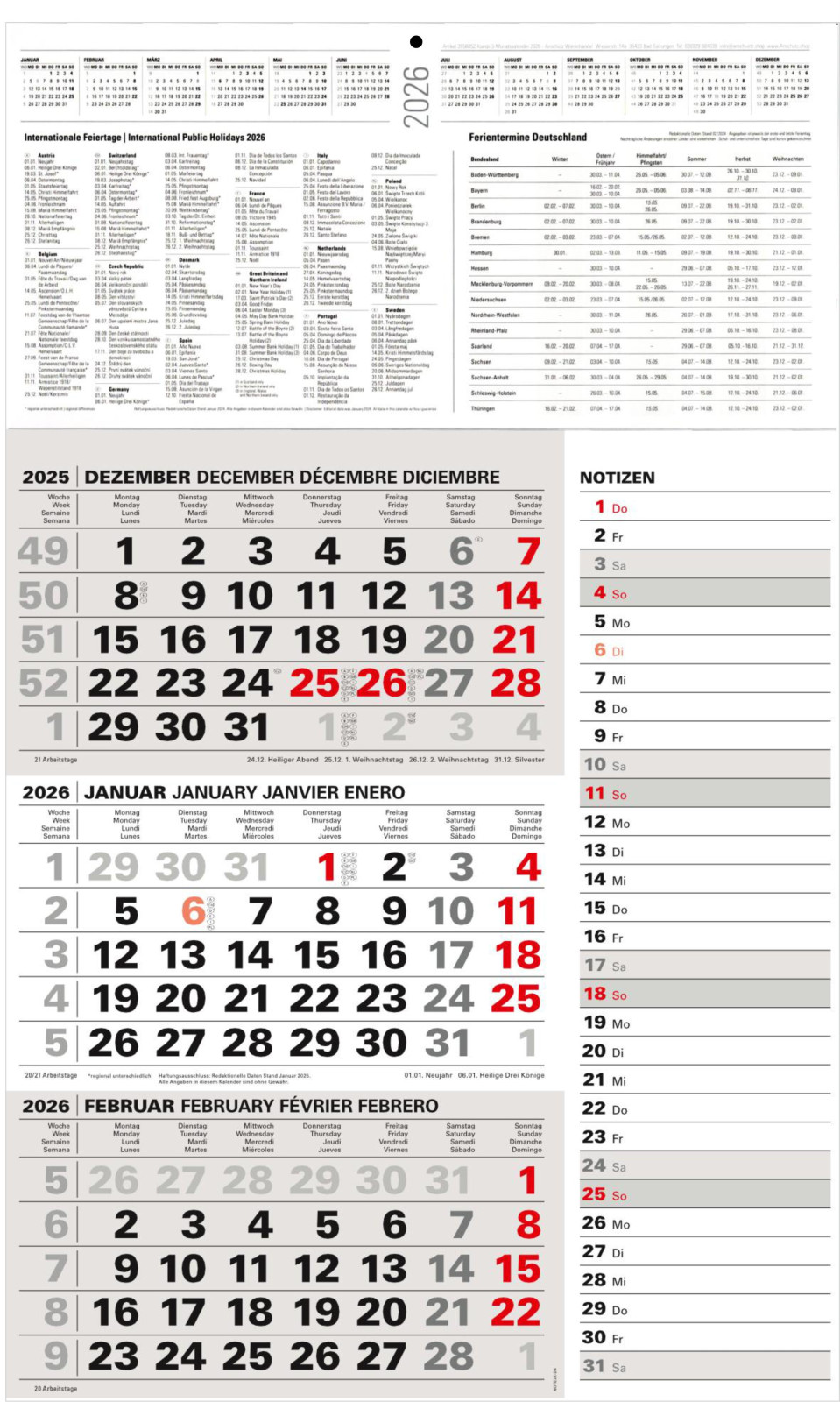 Kombi 3-Monatskalender 2026 Wandkalender