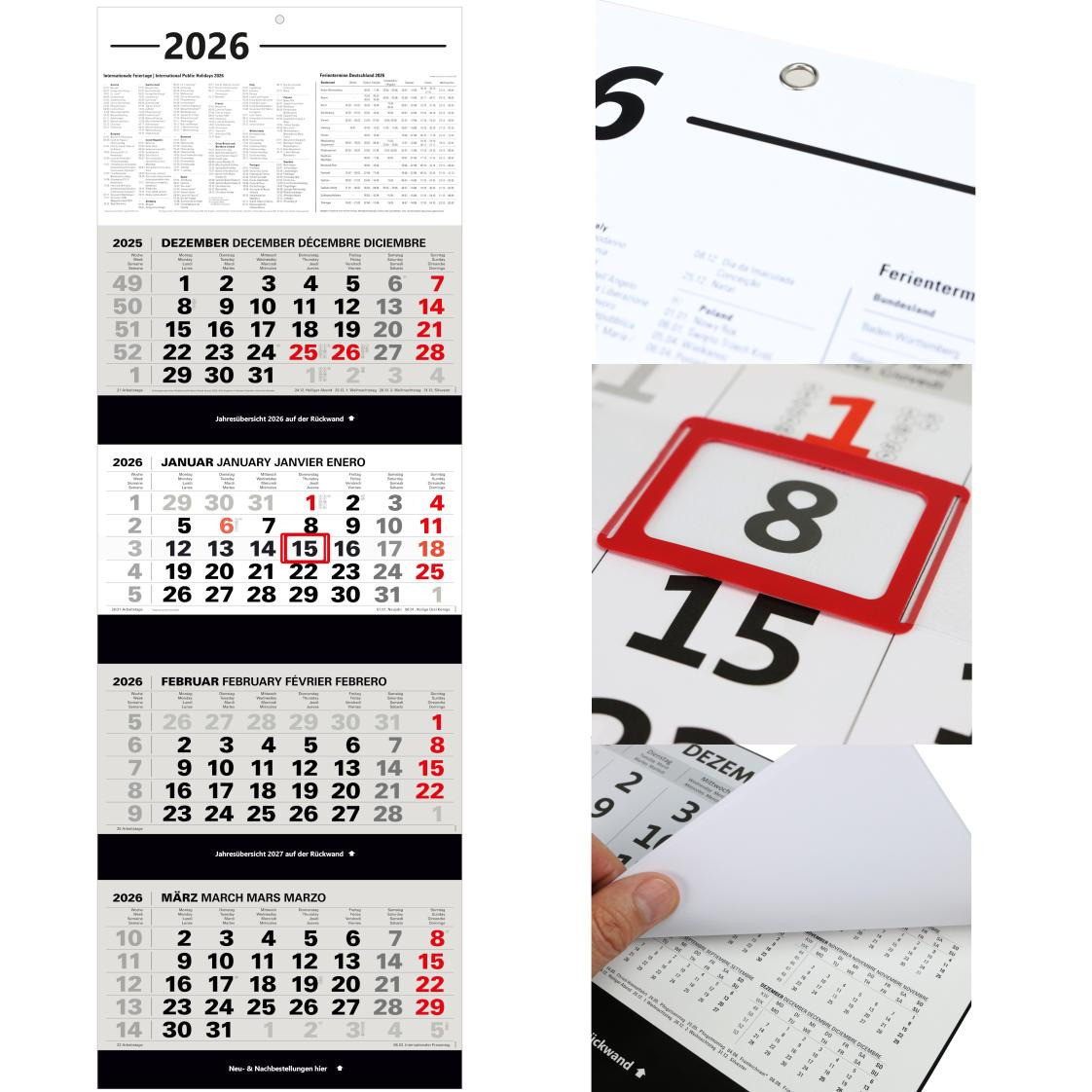 Kombi 4-Monatskalender 2026 Bürokalender mit rotem Datumsschieber