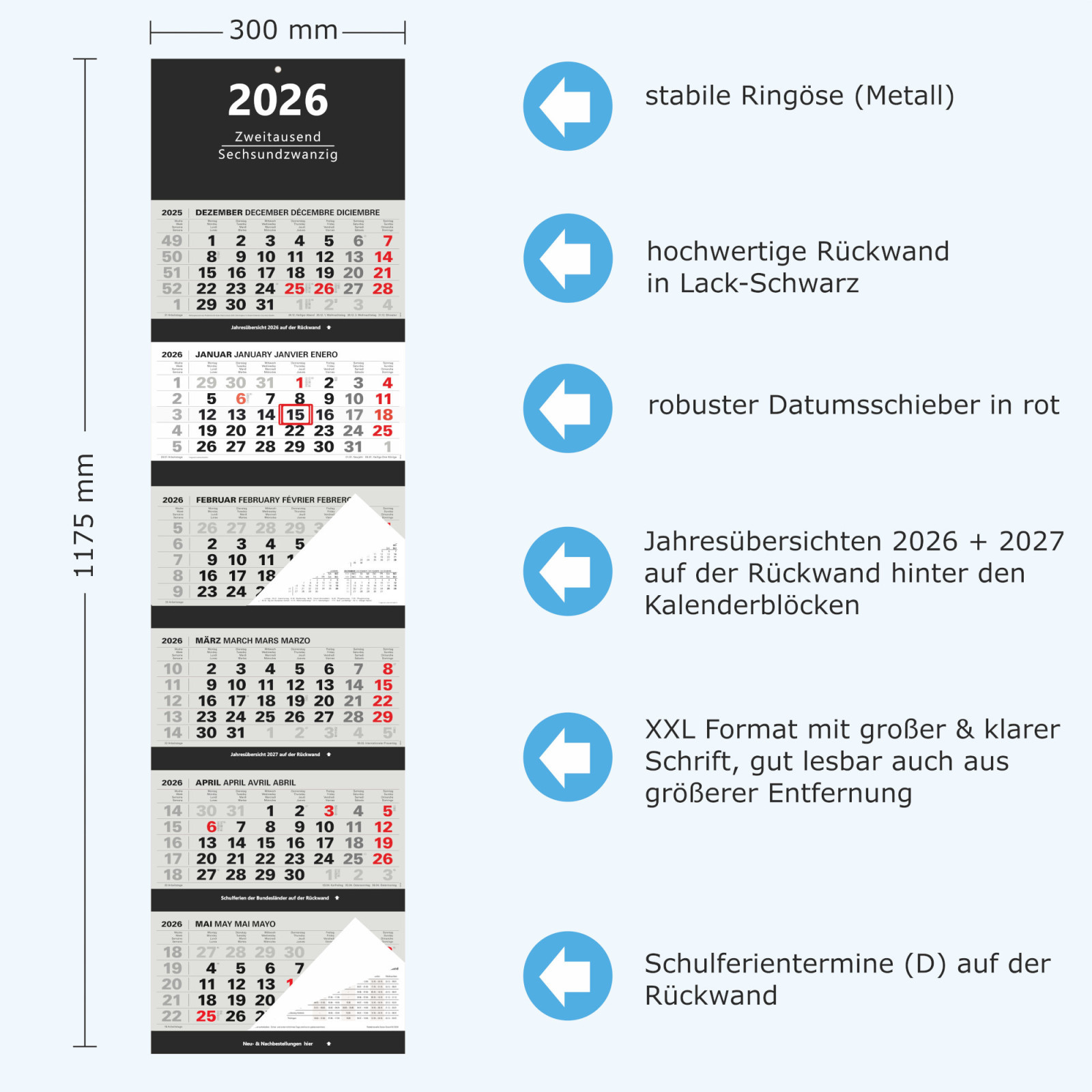 Großer 6-Monatskalender 2026 schwarz mit Maßen