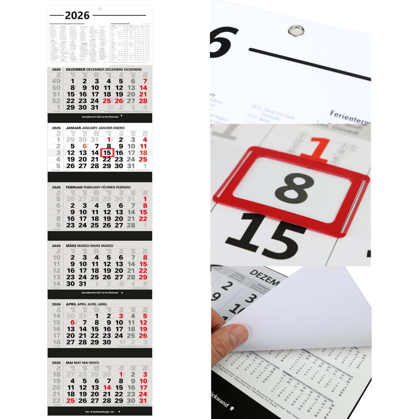 Großer 6-Monatskalender 2026 weiß mit Datumsschieber