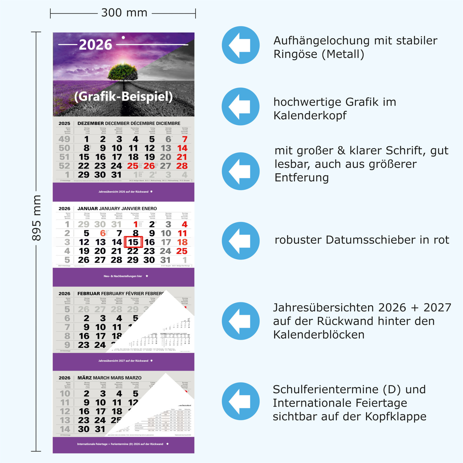 Kombi 4-Monatskalender 2026 Wandkalender mit Bild- Detailsansicht