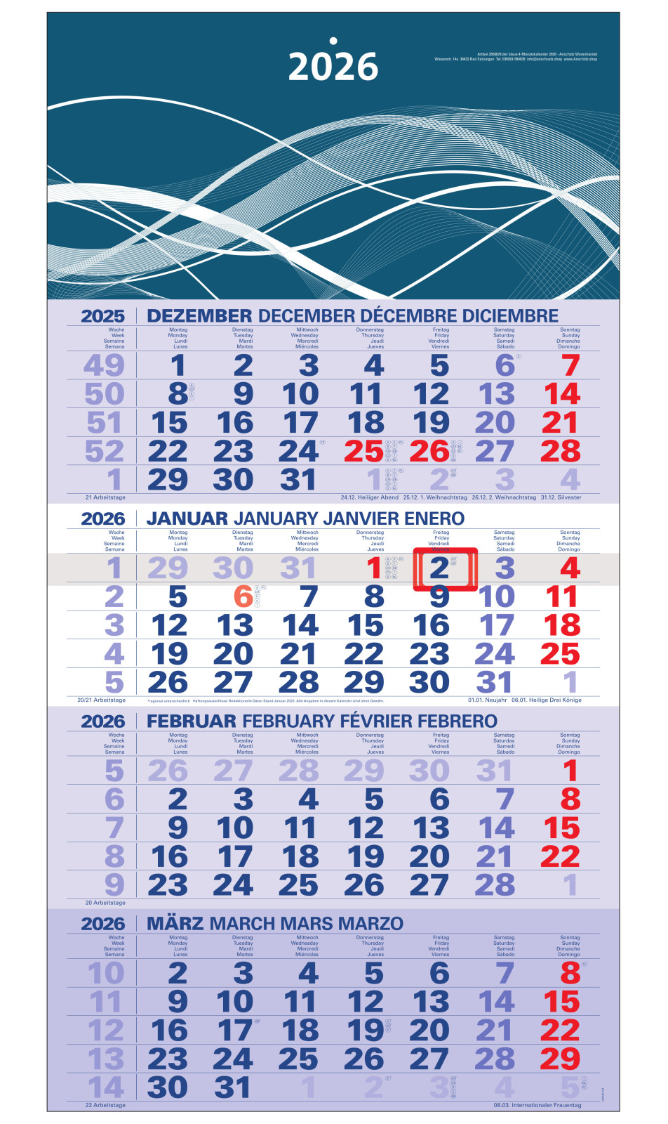 Der blaue 4-Monatskalender Kompakt 2026 mit Wellenmuster im Kopf