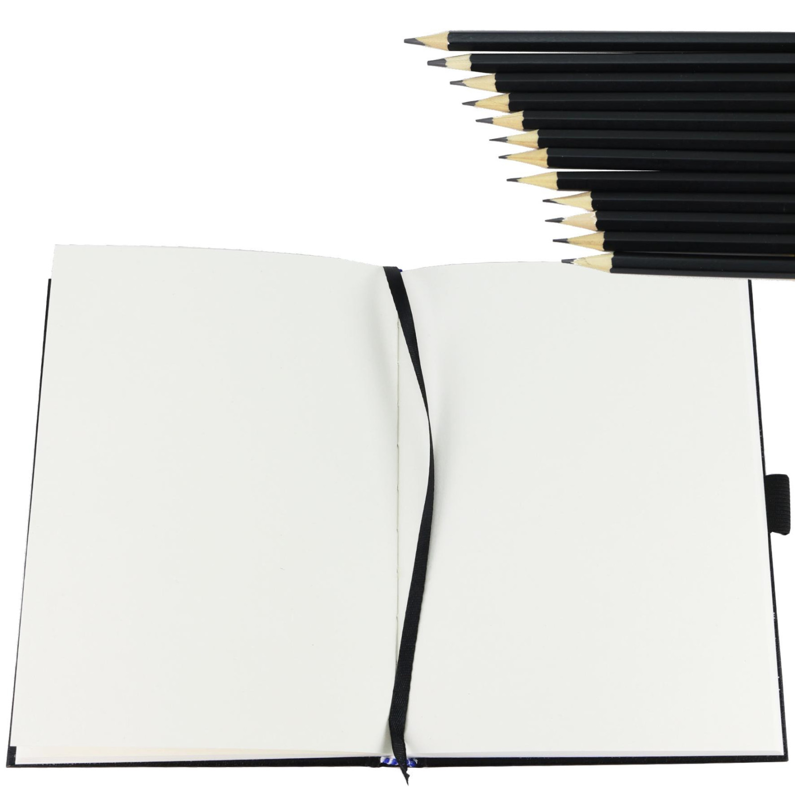 Skizzenbuch Set mit A5 Hardcover Buch und 12 Skizzierstiften in den Härtegraden 5H bis 5B