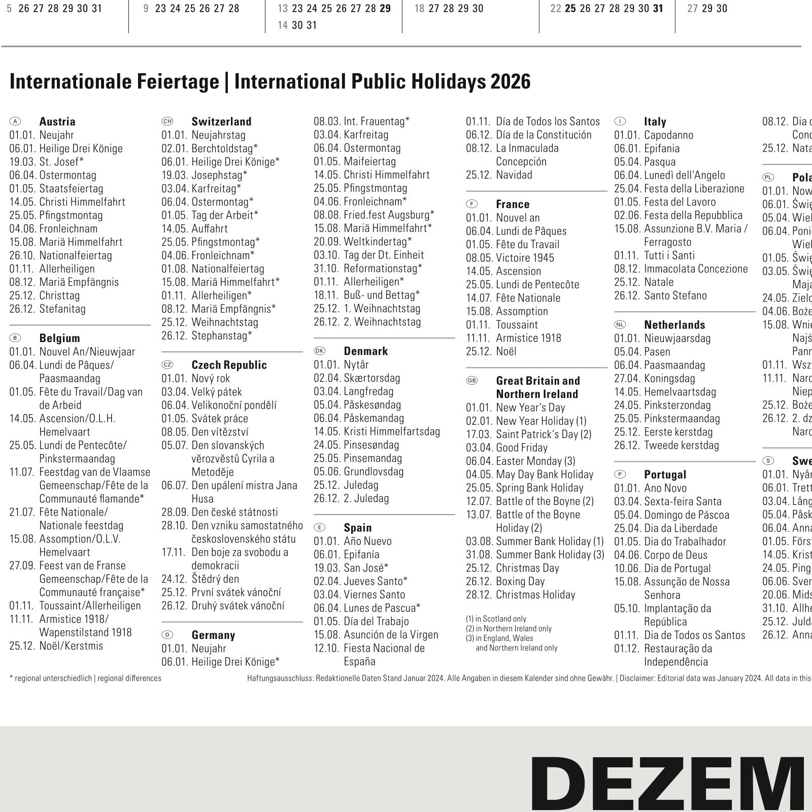 3-Monatskalender 2026 klein 450x235mm mit internationalen Feiertagen