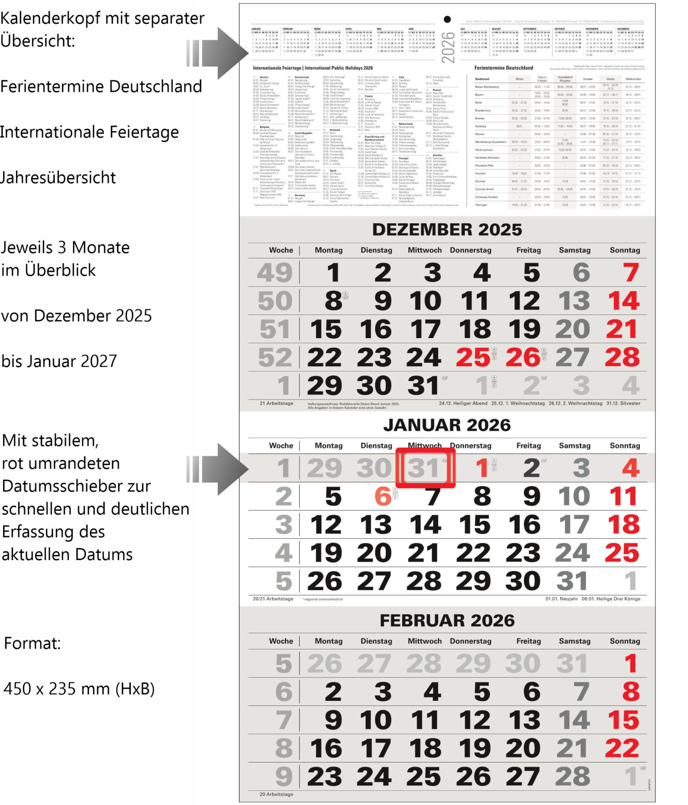 3-Monatskalender 2026 klein 450x235mm mit vielen Extras