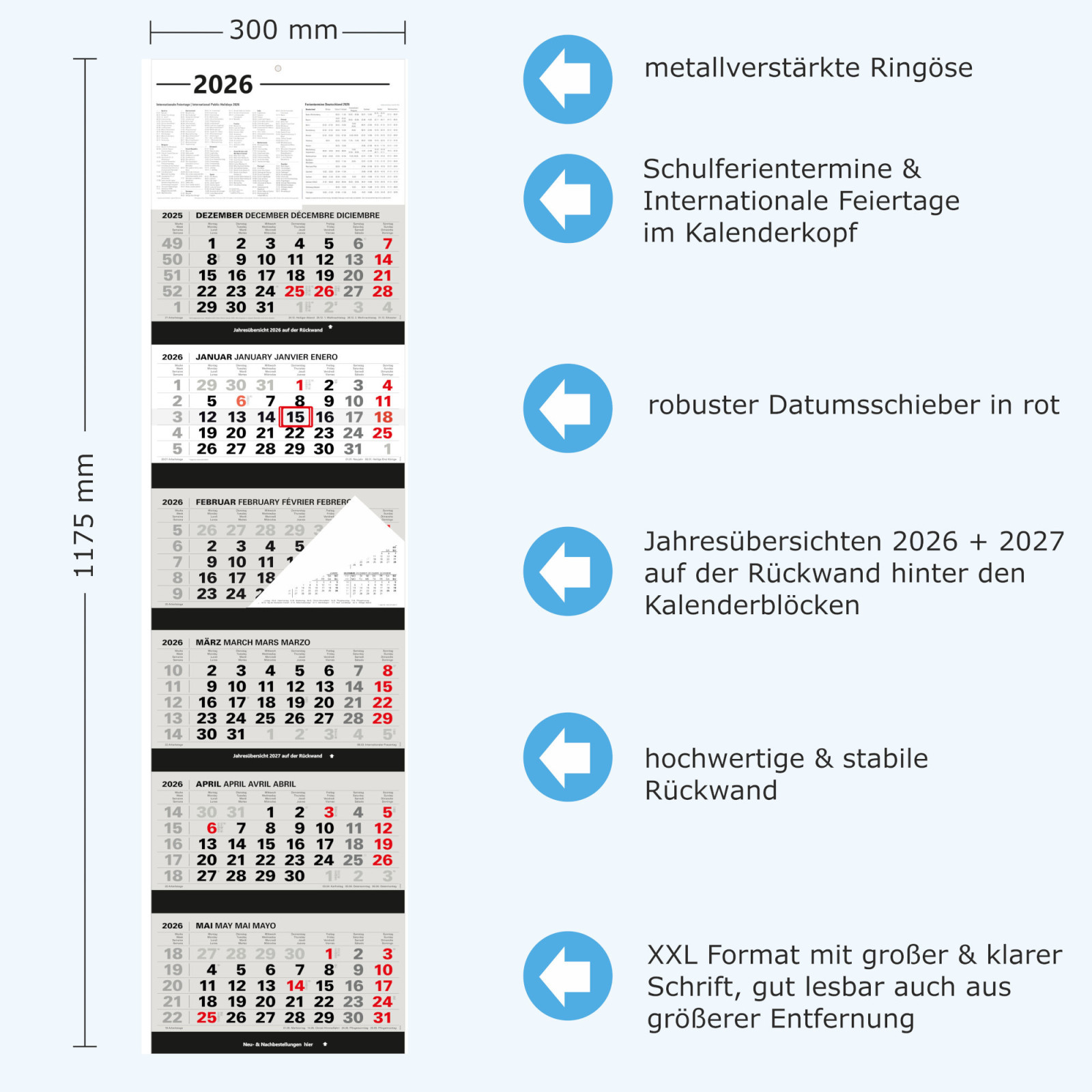 Großer 6-Monatskalender 2026 weiß mit Detailsansicht