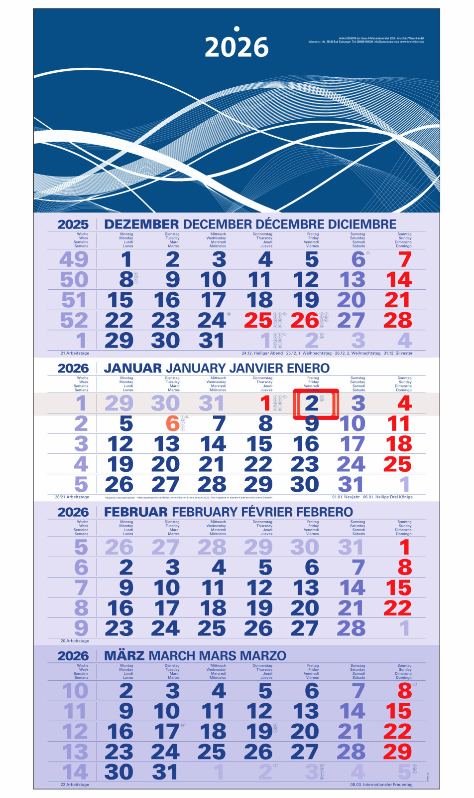 Der blaue 4-Monatskalender Kompakt 2026 mit Wellenmuster im Kopf