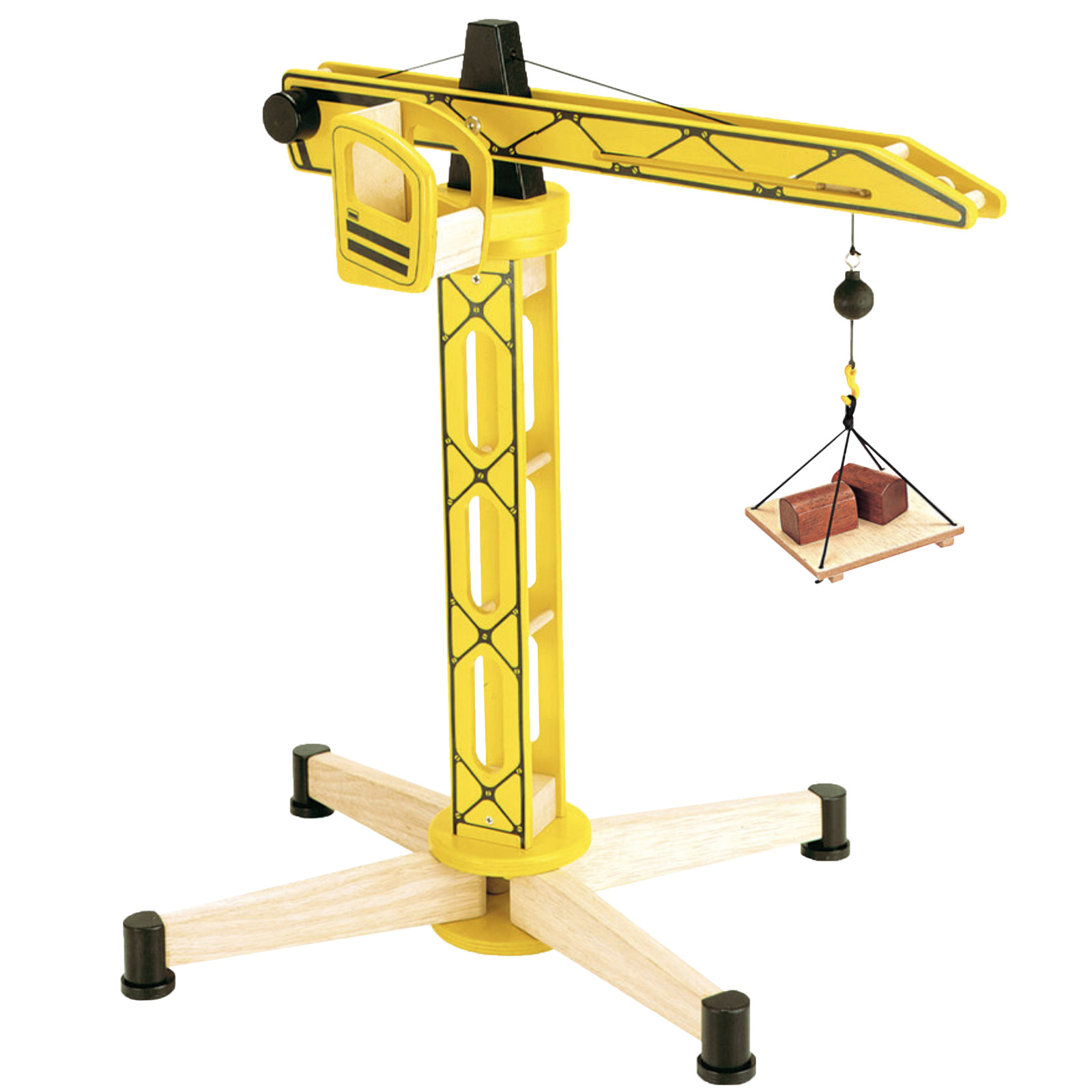 großer gelber Turmdrehkran aus Holz für die Kinder- Baustelle