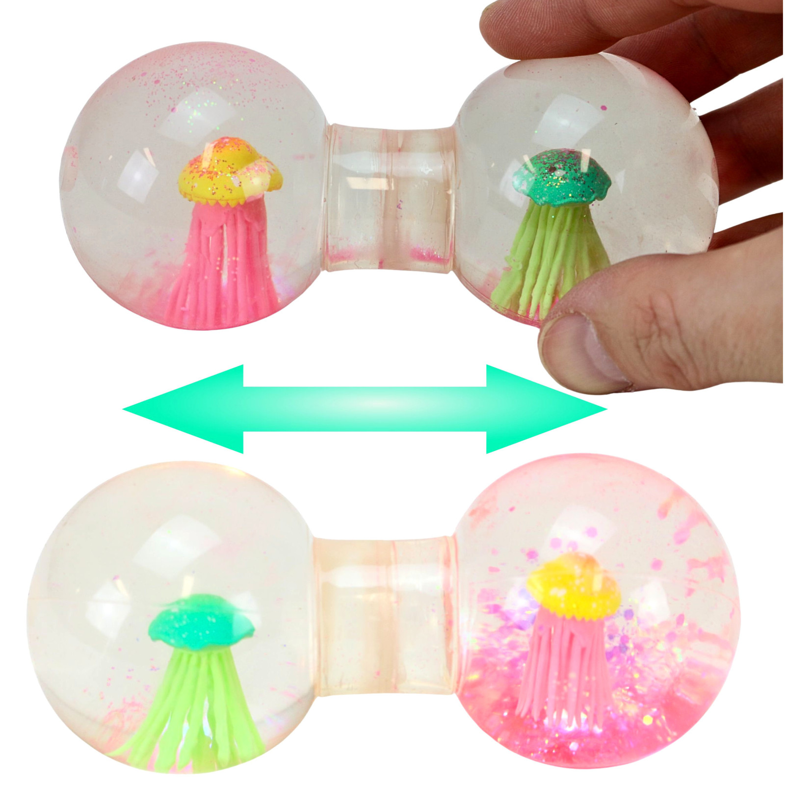 Knautschball in Hantelform mit Glitzer und Quallen