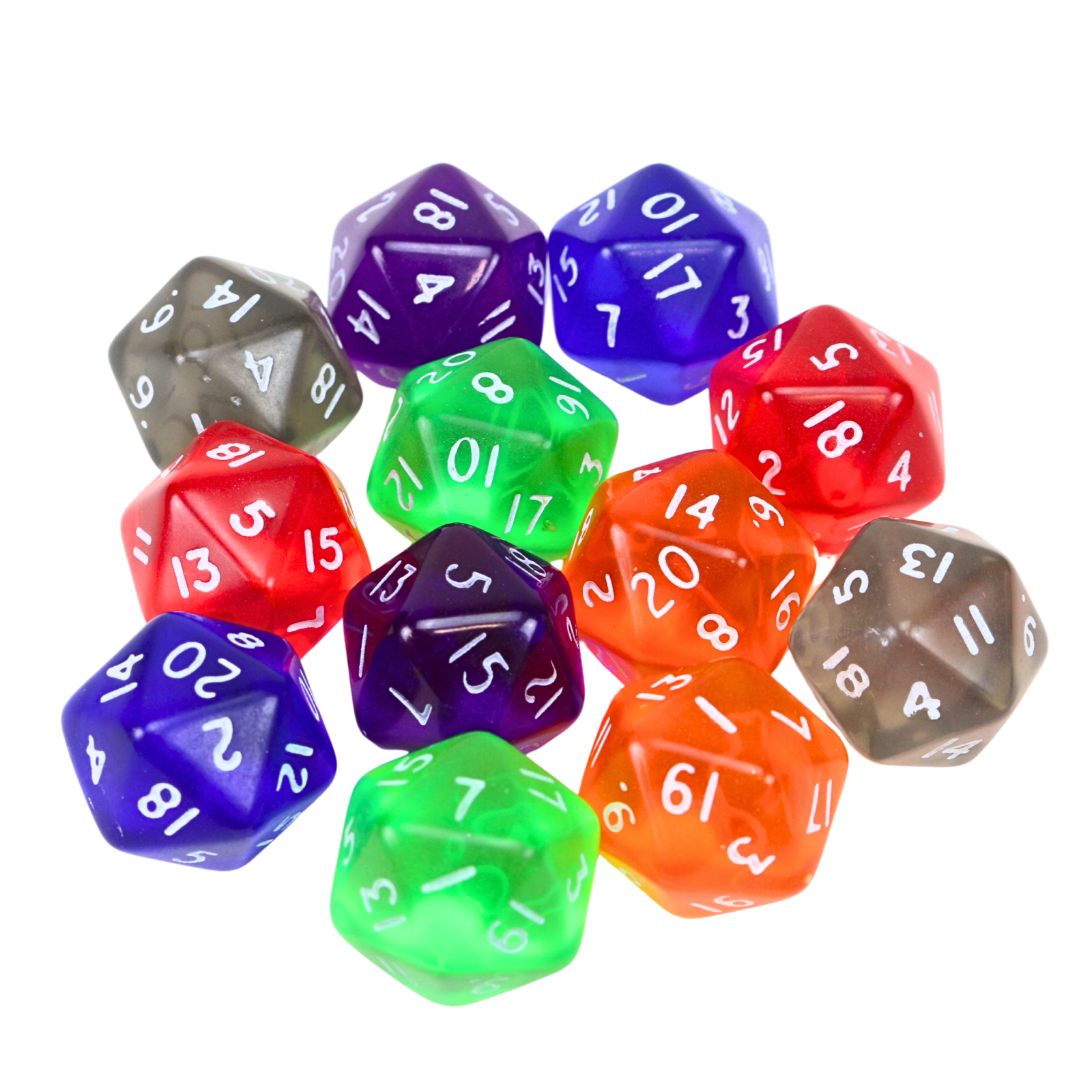 12er Set 20-seitige Acryl Würfel in 6 verschiedenen Farben, 19mm