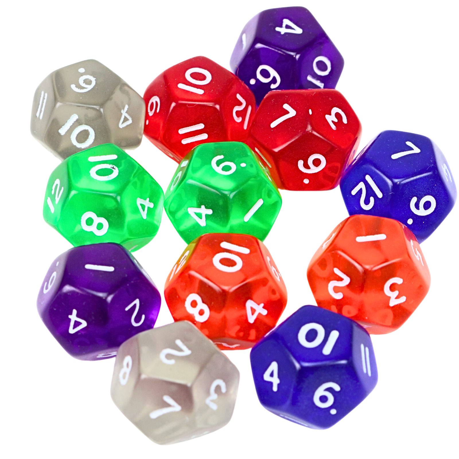 12er Set 12-seitige Acryl-Würfel (D12) in 6 verschiedenen Farben, 17mm