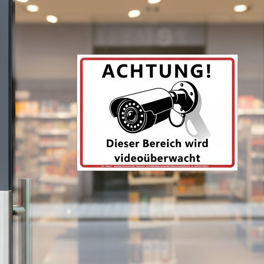 Aufkleber mit Bild einer Kamera und Text Achtung! Dieser Bereich wird videoüberwacht-Anwendungsbeispiel