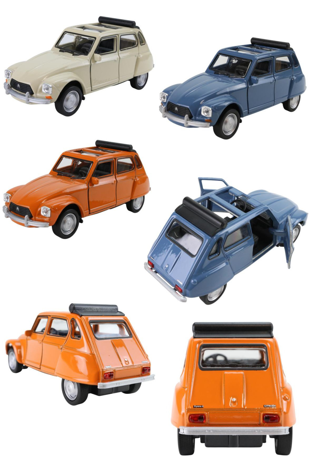 Modellauto Citroen Dyane in den Farben beige, orange, blau