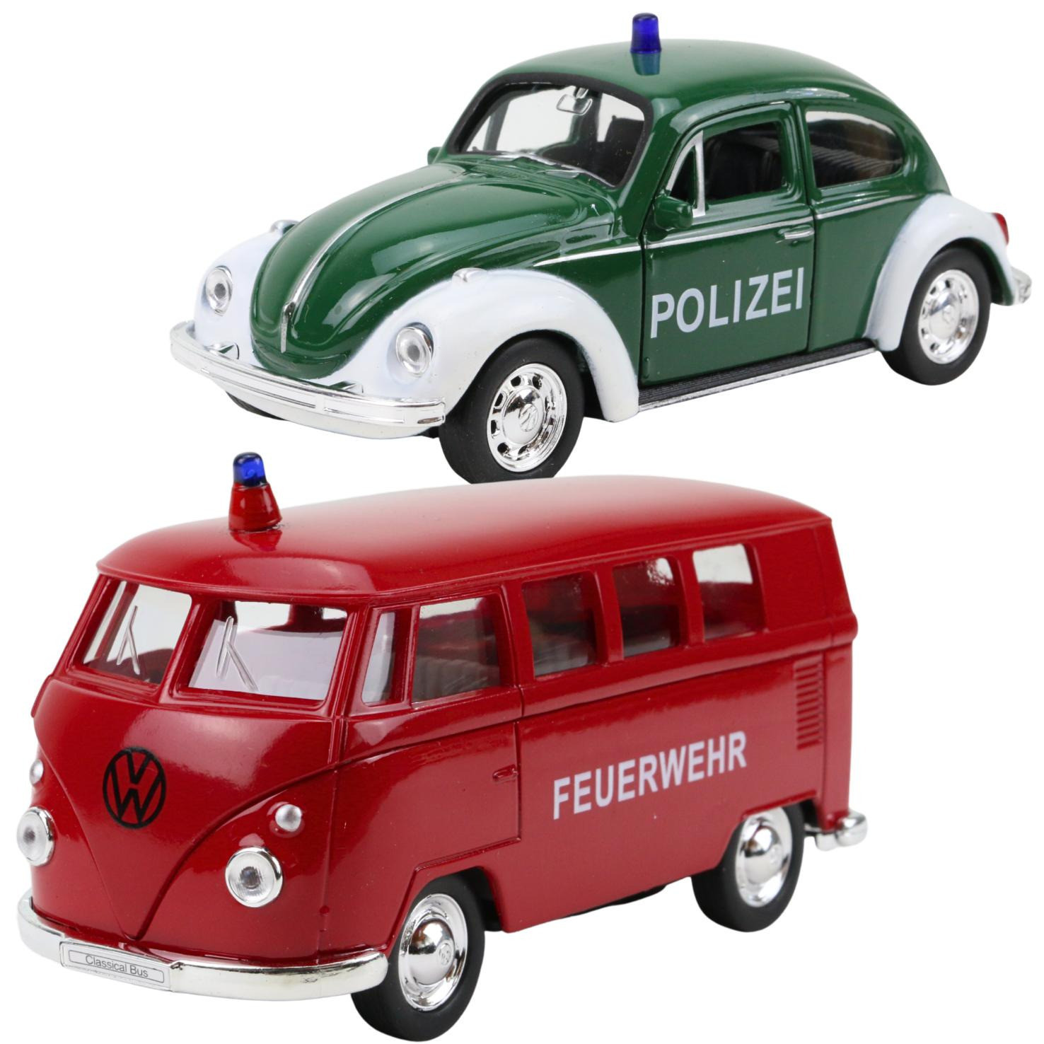 Modellauto von Volkswagen Beetle als Polizei und Bully als Feuerwehr