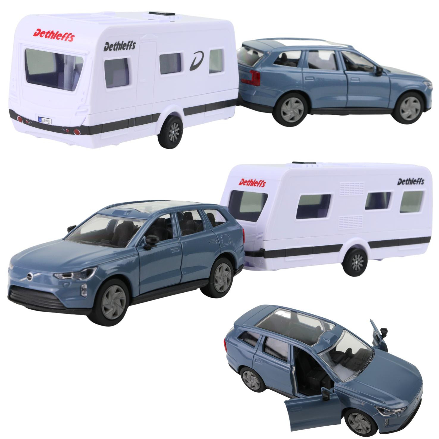 Modellauto Volvo EX90 in blaugrau mit Wohnwagen Anhänger Dethleffs