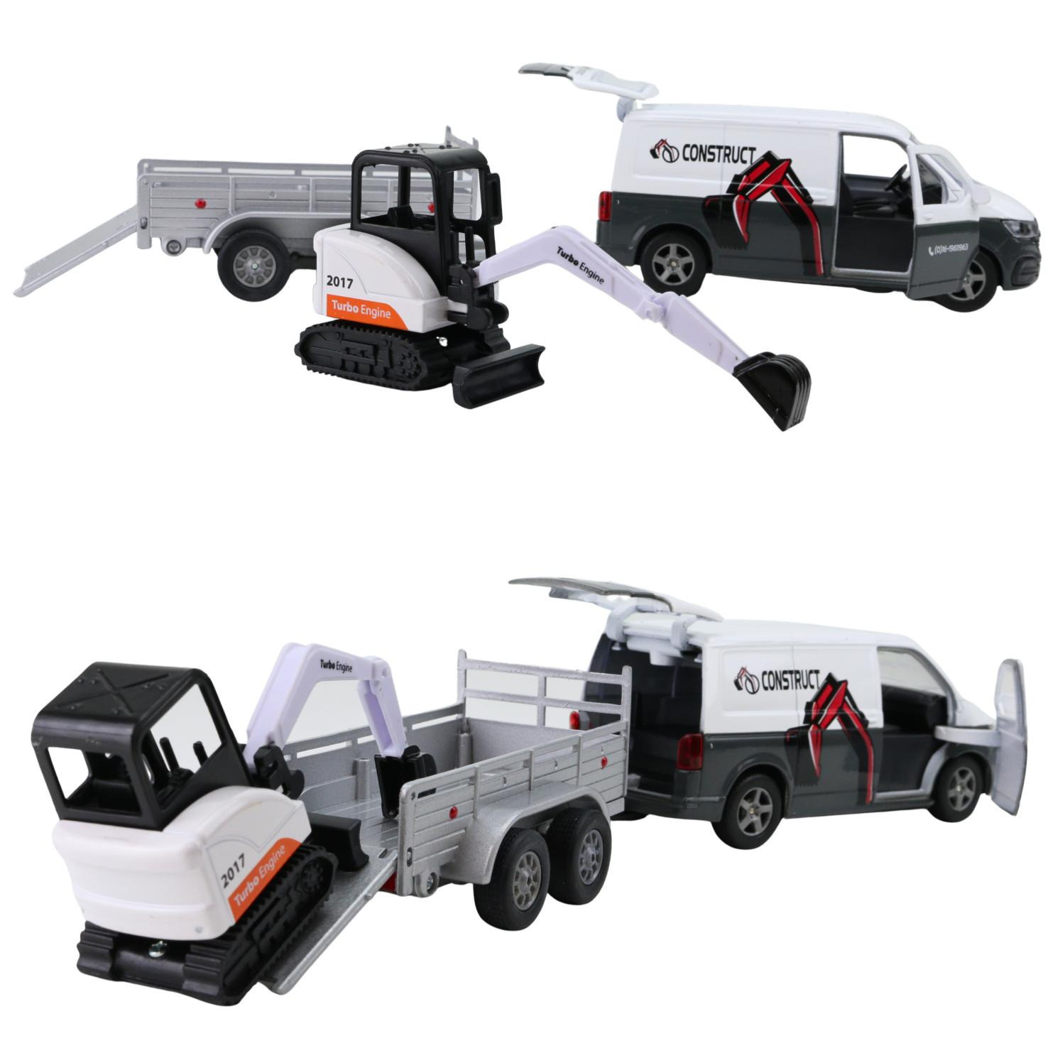 Modellauto VW T6 Transporter mit Anhänger und Minibagger