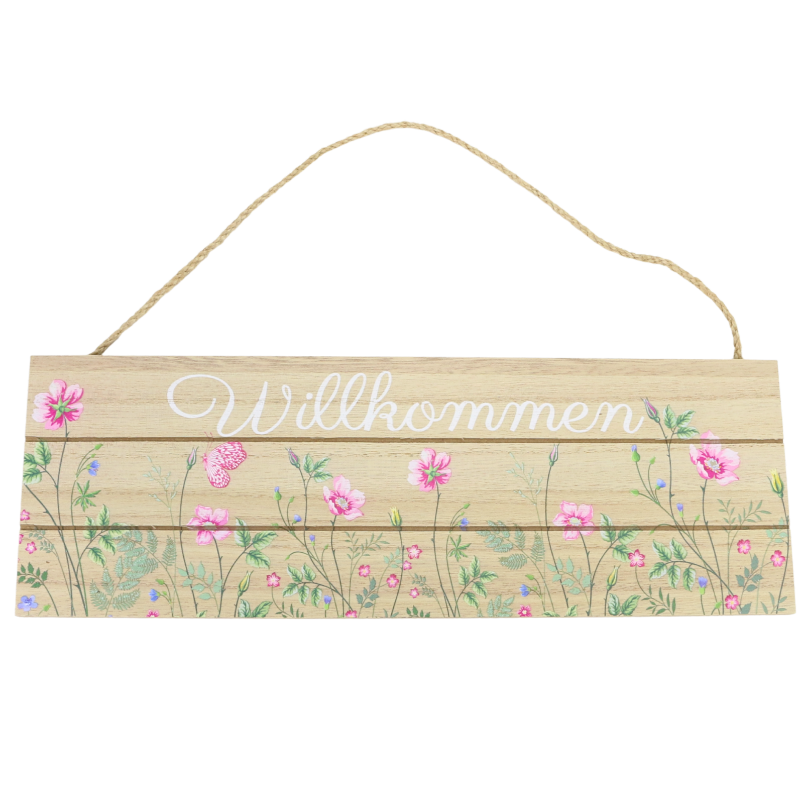 Türschild aus Holz mit floralen Motiven und Willkommens-Schriftzug