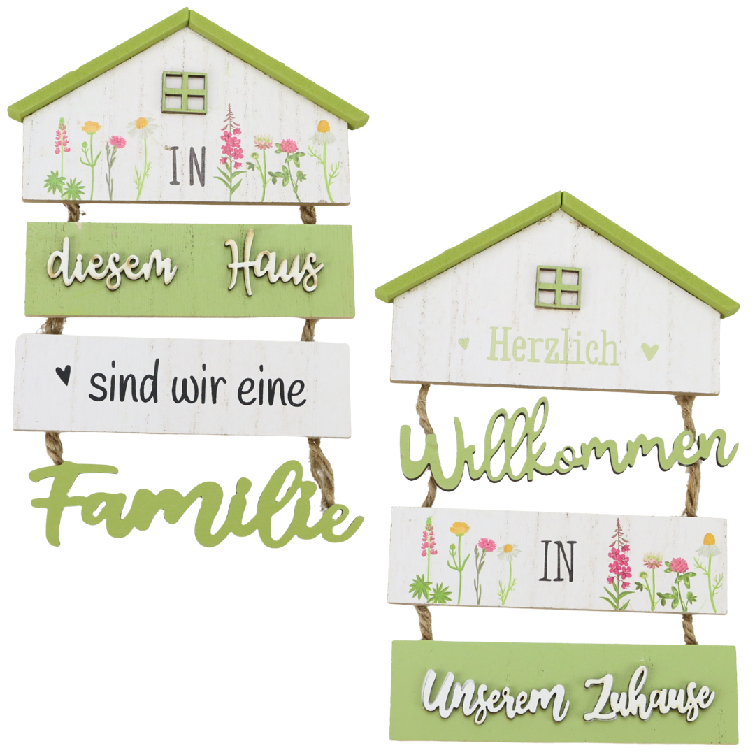 3-teilige Willkommenschilder in Hausform mit verschiedenen Sprüchen