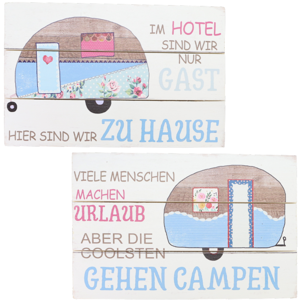 Holzschild mit Spruch über Camping und Wohnwagen in 2 Varianten