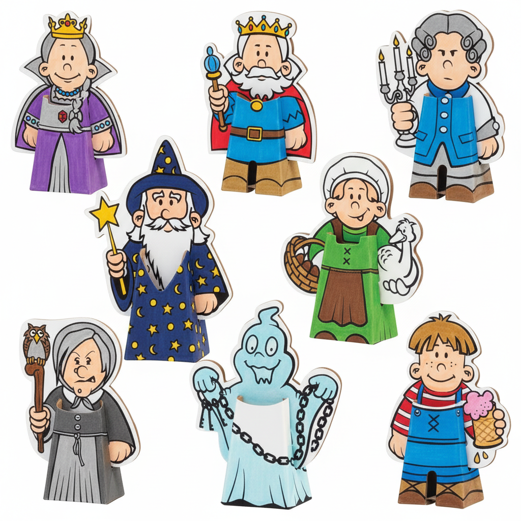 Bastelset aus 8 Spielfiguren zum Thema Schloss bemalt als Gestaltungsbeispiel