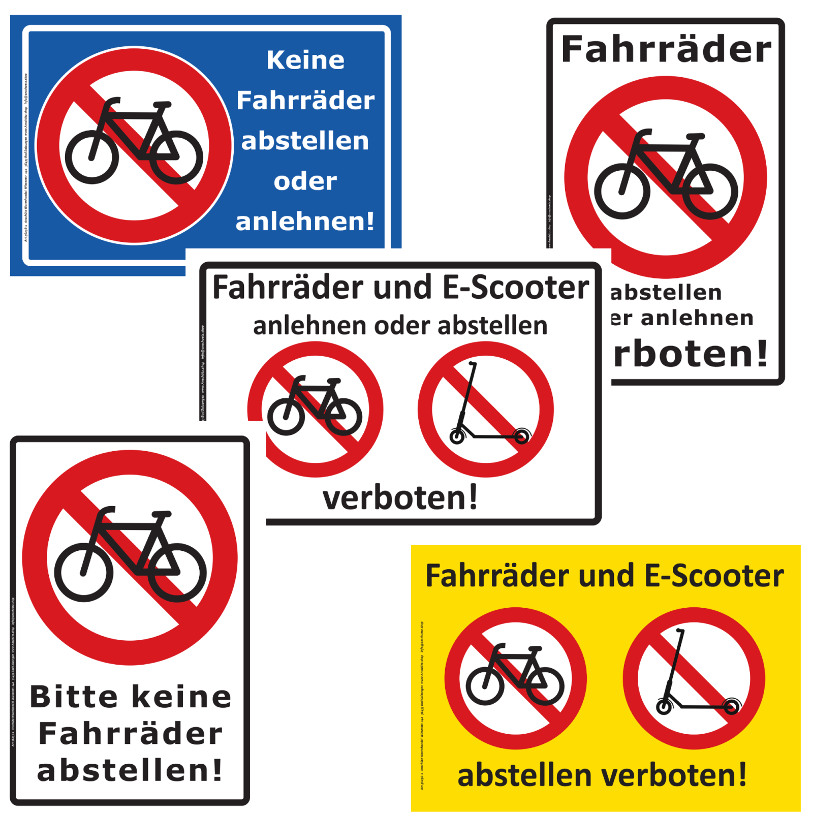 verschiedene Hinweisschilder zum Markieren von Abstell- bzw. Anlehnverboten von E-Scooter und Fahrrad