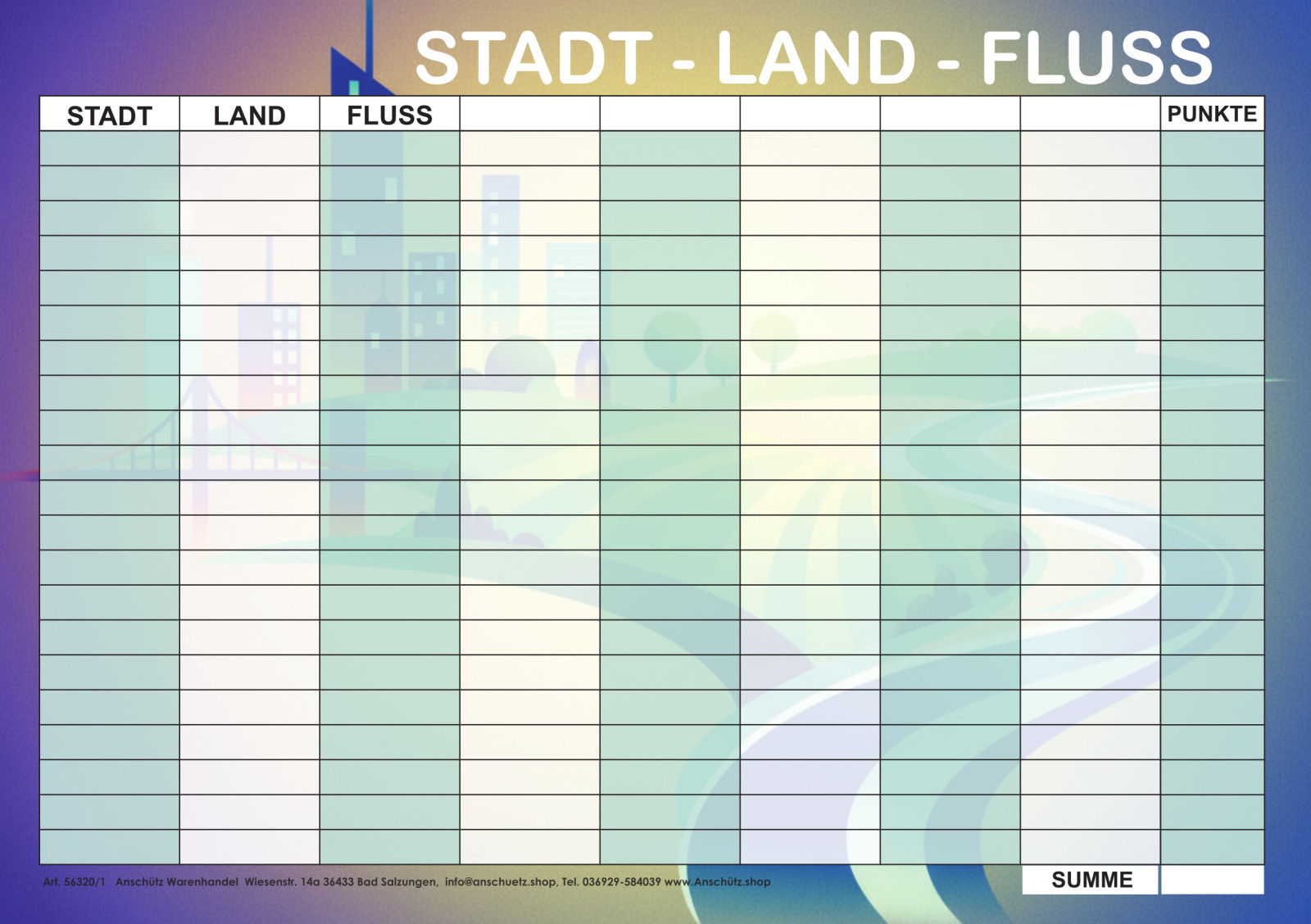Spielblock Stadt Land Fluss mit 5 Freifeldern zum Selbstbeschriften