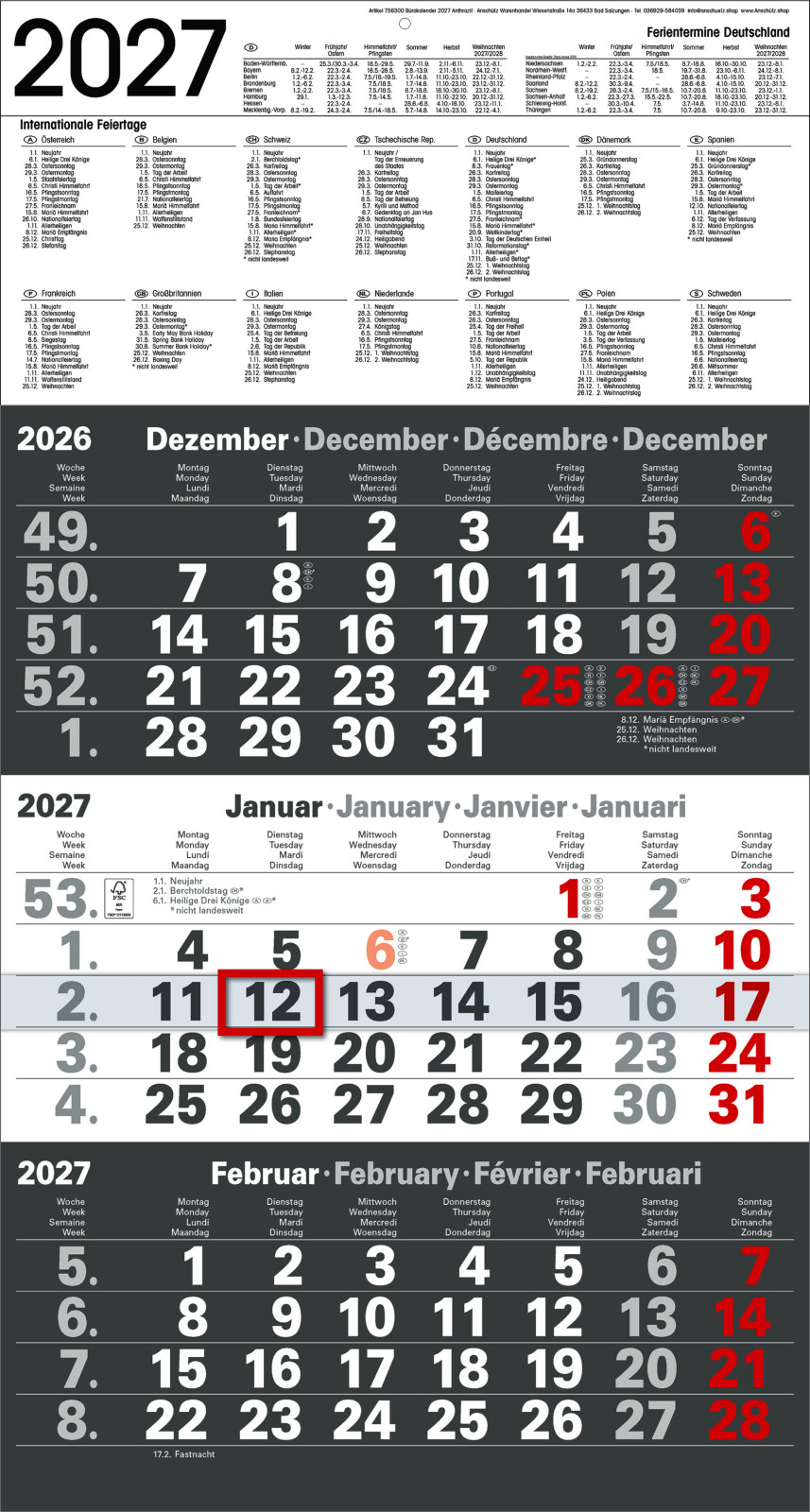Wandkalender als 3-Monatskalender für 2027 in anthrazit