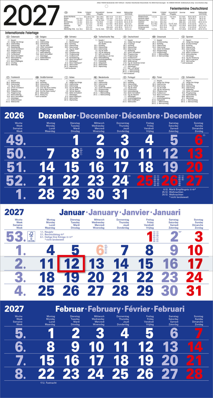 Wandkalender 2027 mit 3 Monaten in kontrastreichem blau