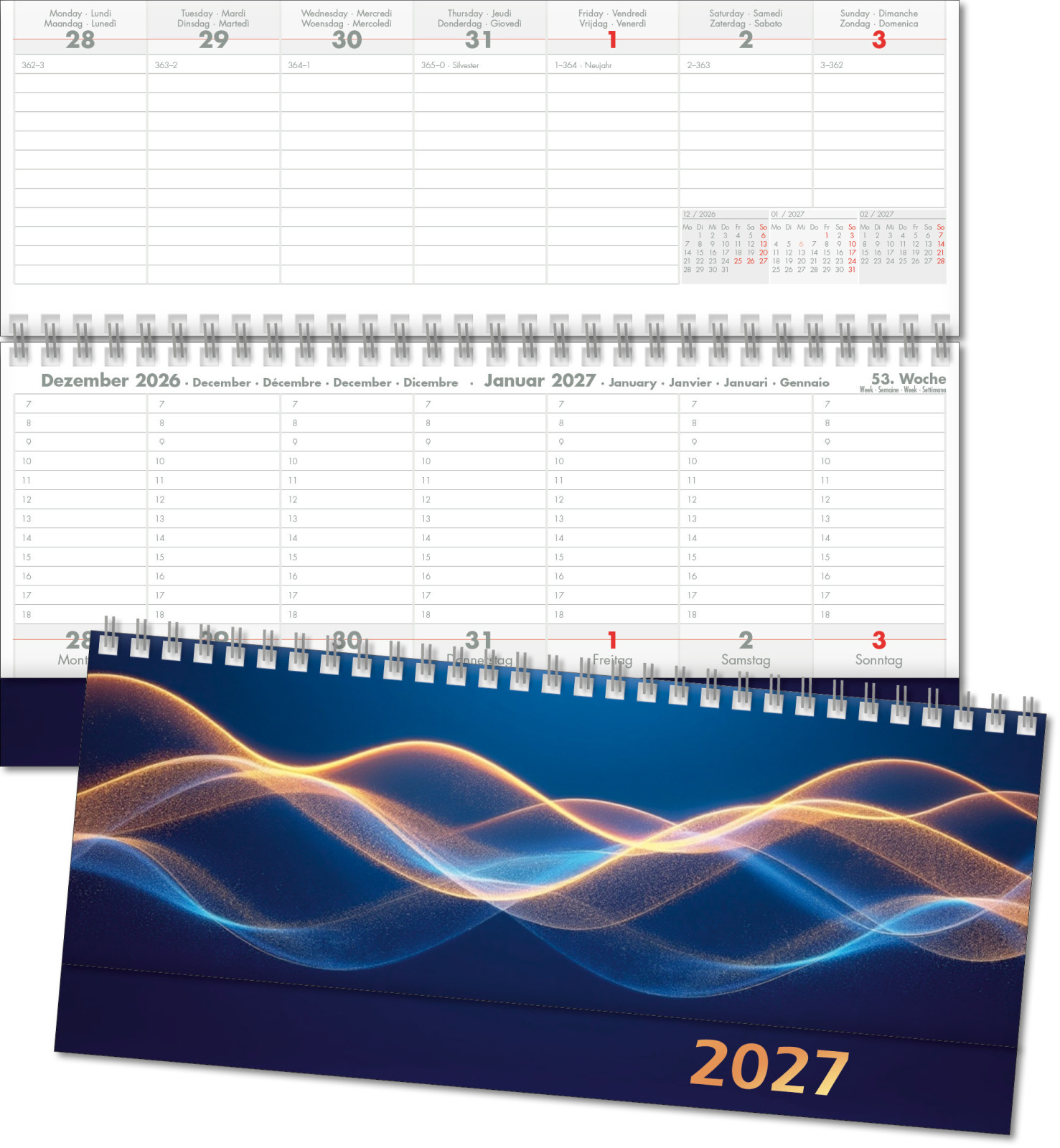 Schreibtischkalender 2027 im Querformat mit 2 Seiten pro Woche