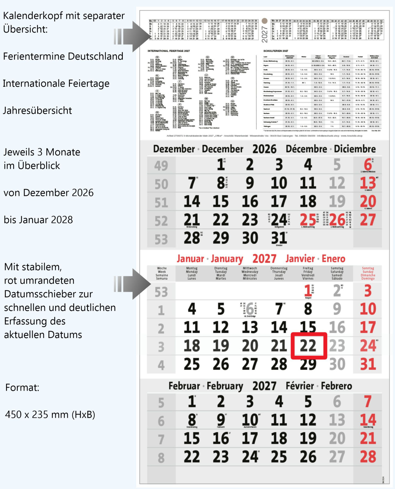 3-Monatskalender klein 2027 mit Detailbeschreibung