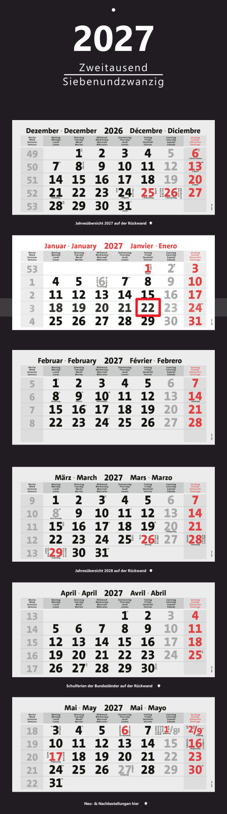 extra langer XXL 6-Monatskalender 2027 schwarz