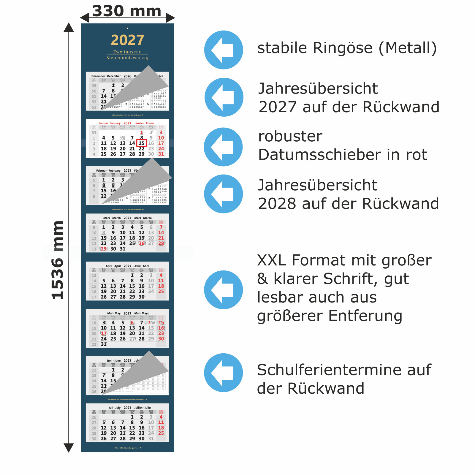 XXL 8-Monatskalender 2027 mit Detailbeschriftung
