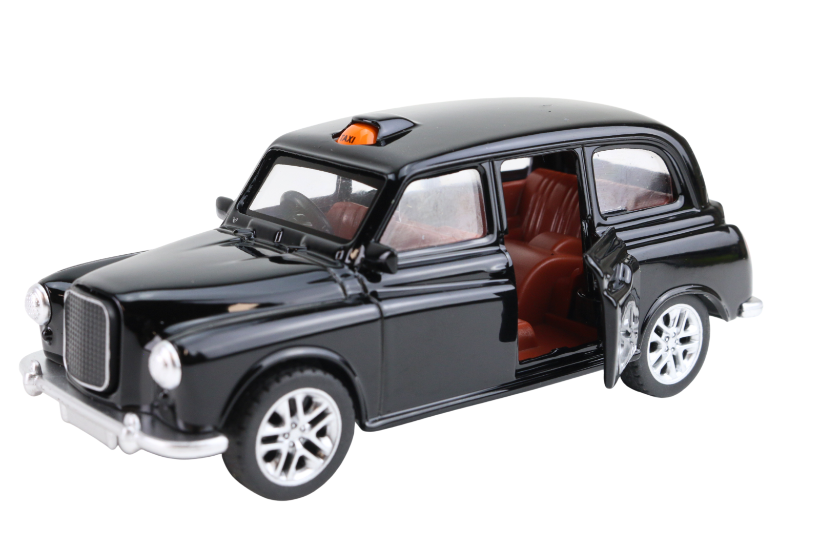 Modellauto eines British Taxi in Schwarz mit öffnender Tür