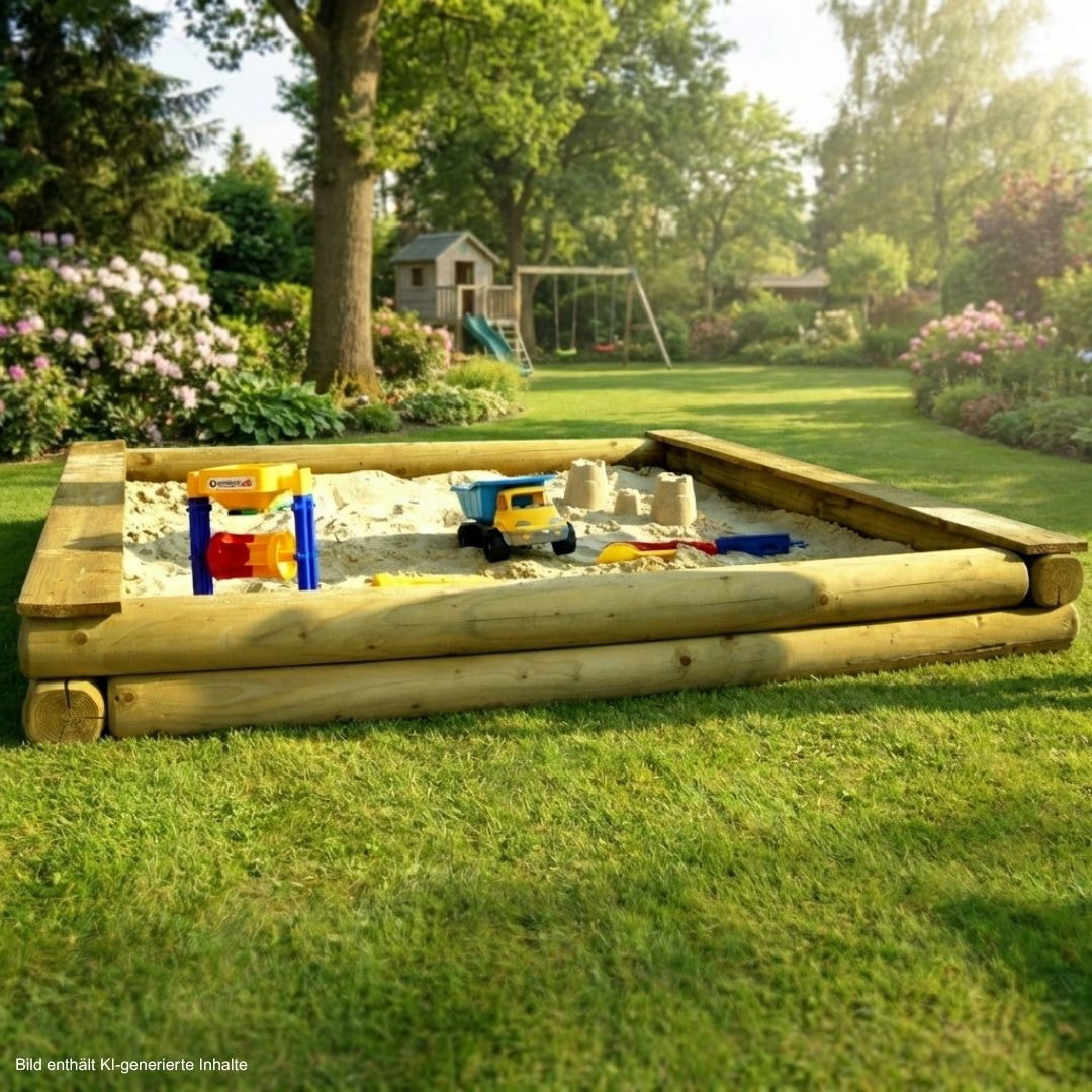 Sandkasten aus Rundhölzern mit Sandspielzeug