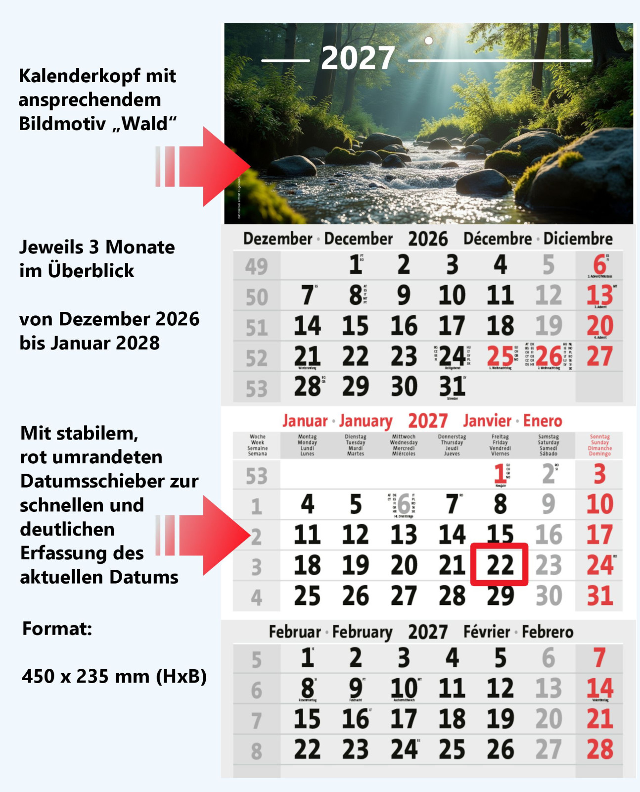 3-Monatskalender 2027 mit Bildmotiv Wald und Detailbeschreibung