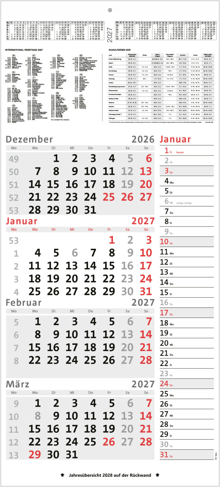 4-Monatskalender Kombi 2027 mit Notizstreifen