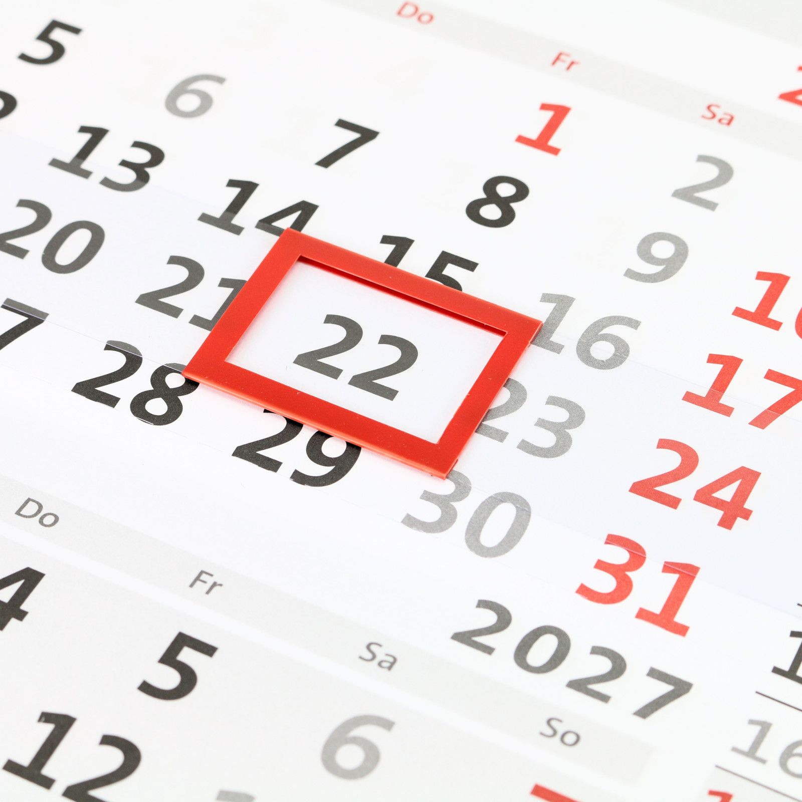 4-Monatskalender 2027 mit rotem Datumsschieber im Royal Blue Design