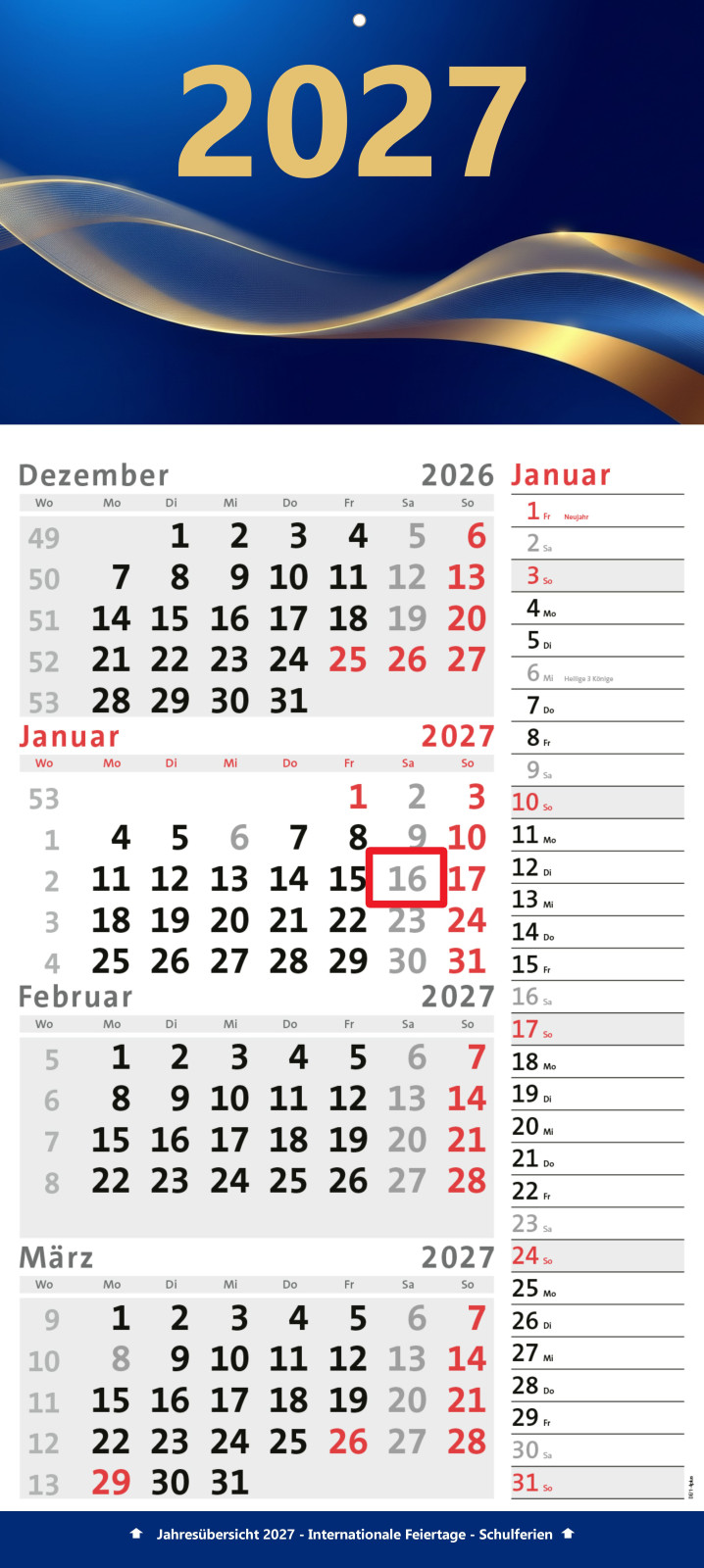 4-Monatskalender 2027 mit breitem Notizstreifen im Royal Blue Design