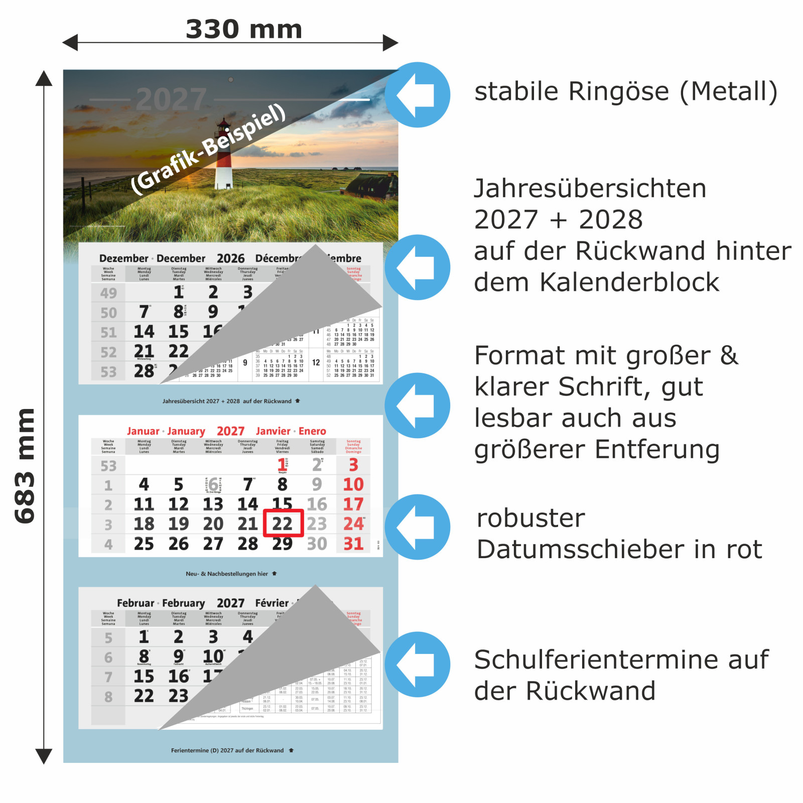 3-Monatskalender mit Bild und Detailbeschreibung