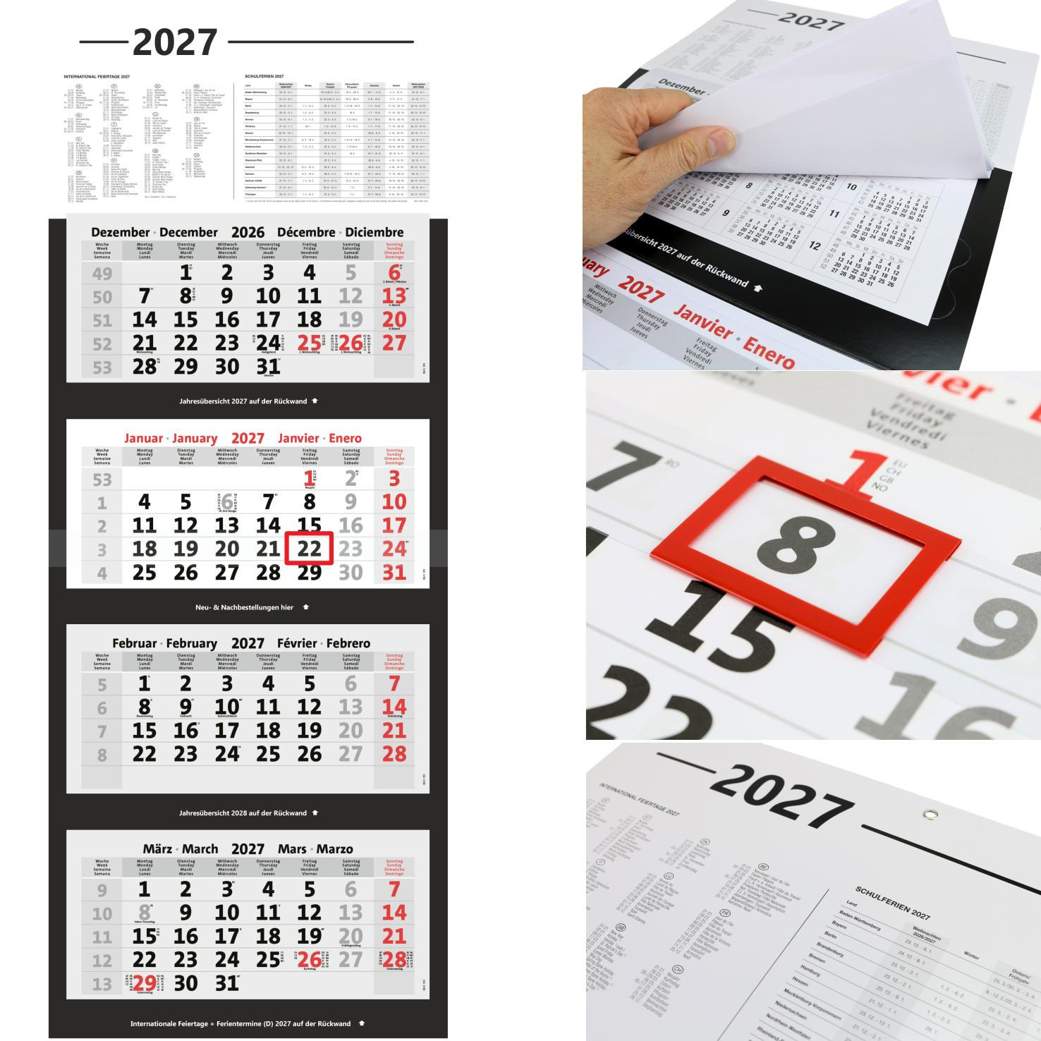 Office 4-Monatskalender 2027 mit rotem Datumsschieber, Ferienterminen und internationalen Feiertagen, sowie Jahresübersichten hinter den Kalenderblöcken