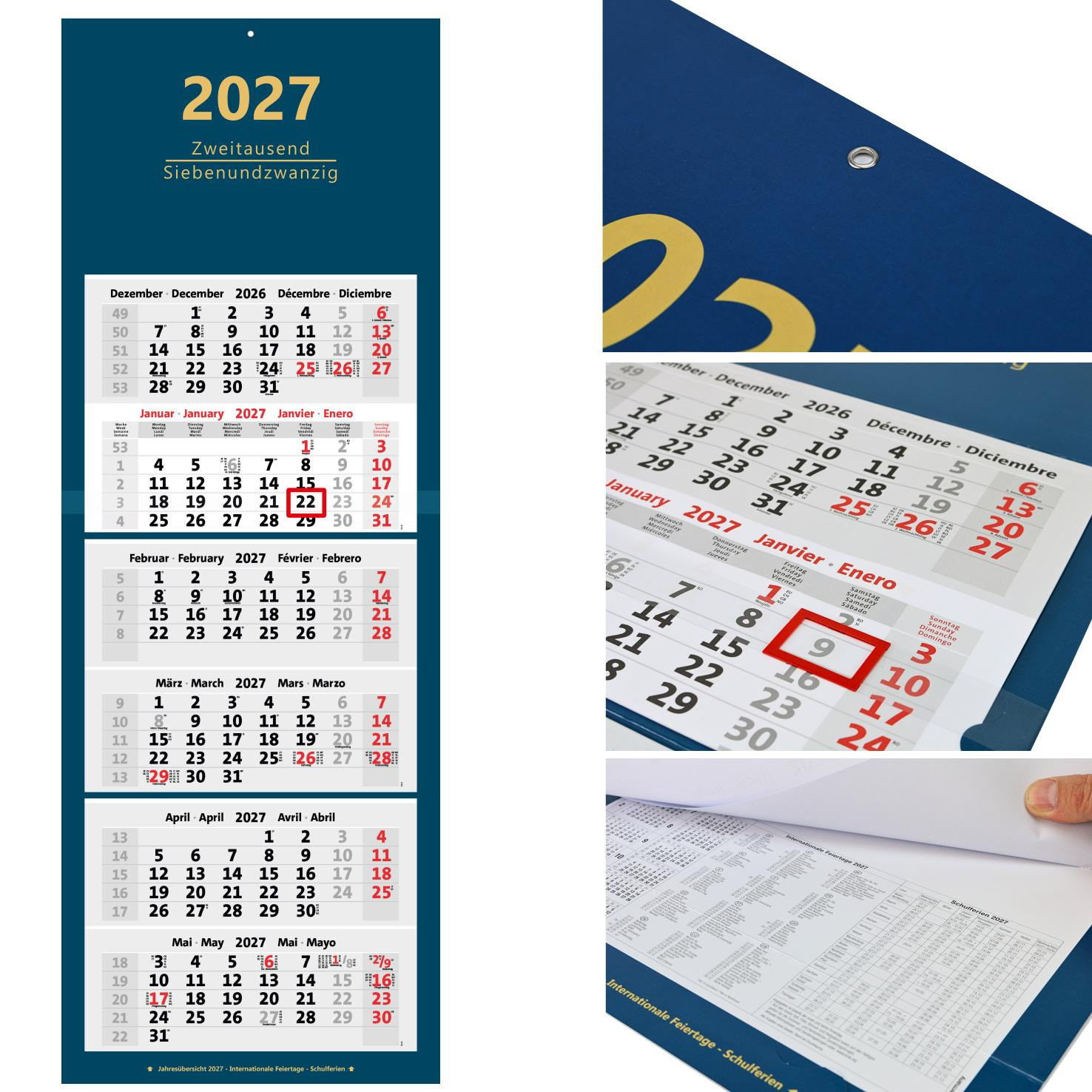6-Monatskalender 2027 mit Metallringöse, rotem Datumsschieber und Übersichten zu Jahr, Ferien und internationalen Feiertagen hinter den Kalenderblöcken