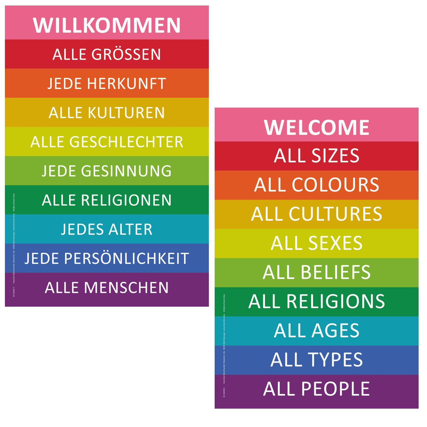 Willkommen Schild in Regenbogenfarben in englisch oder deutsch