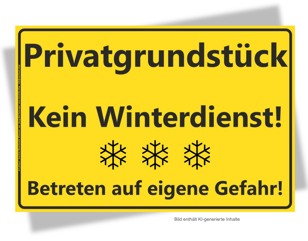 Warnschild in gelb mit Aufschrift Privatgrundstück Kein Winterdienst Betreten auf eigene Gefahr mit Schneeflockensymbolen