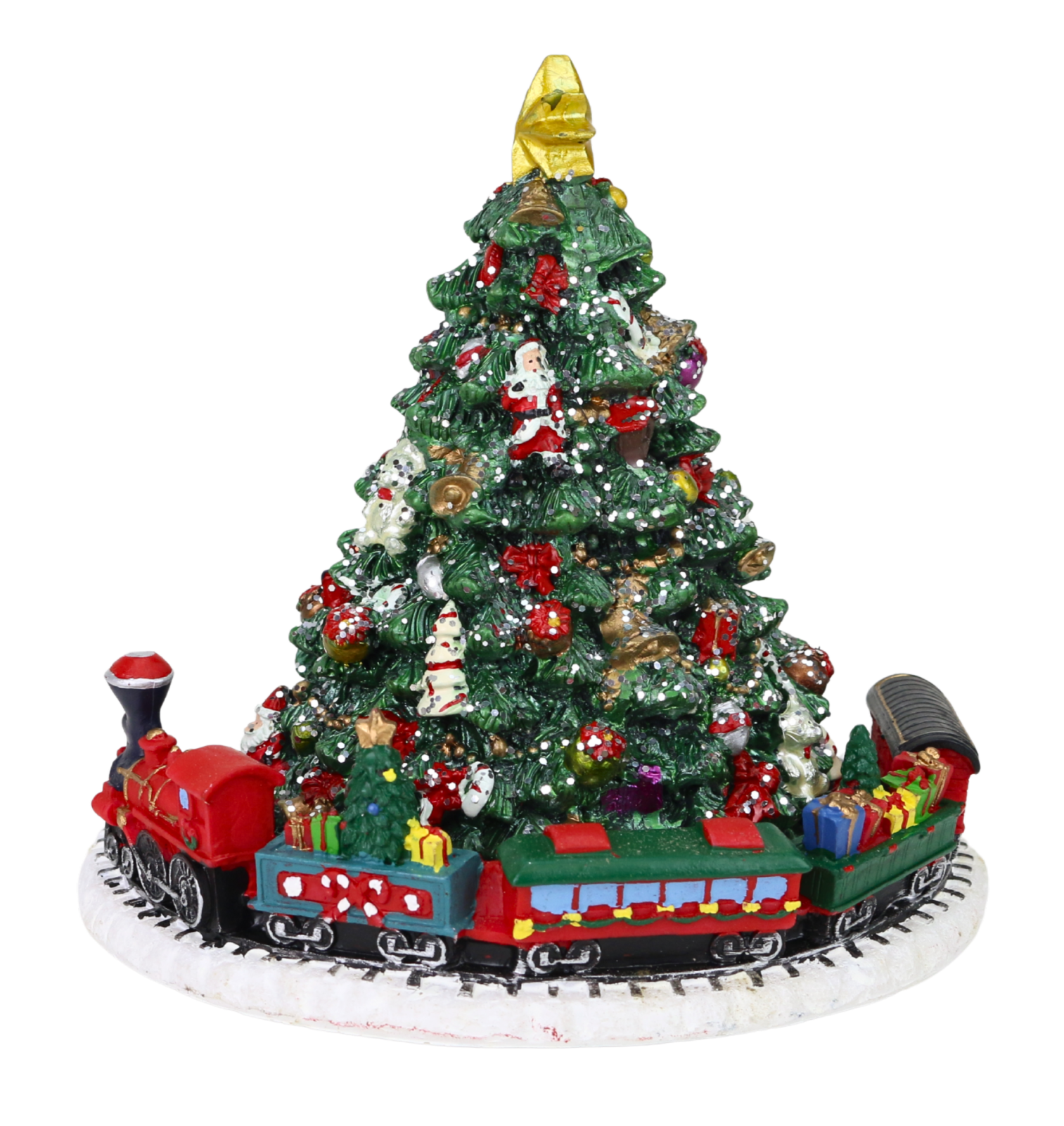 Spieluhr in Form eines Weihnachstbaums mit im Kreis fahrenden Zug und Melodie